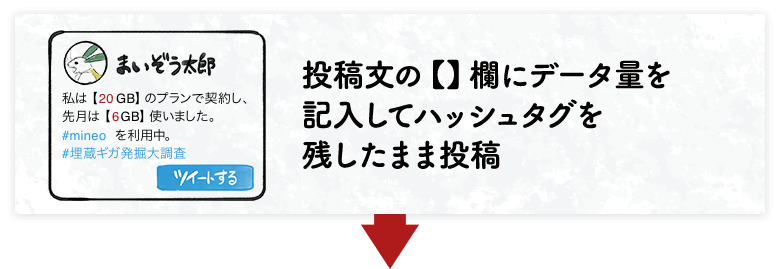 投稿文の【】欄にデータ量を 記入してハッシュタグを 残したまま投稿