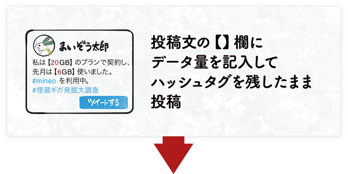 投稿文の【】欄にデータ量を 記入してハッシュタグを 残したまま投稿